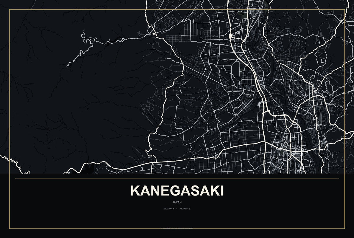 Kanegasaki, Japan City Map Aluminum Sign in Metropolitan Noir style