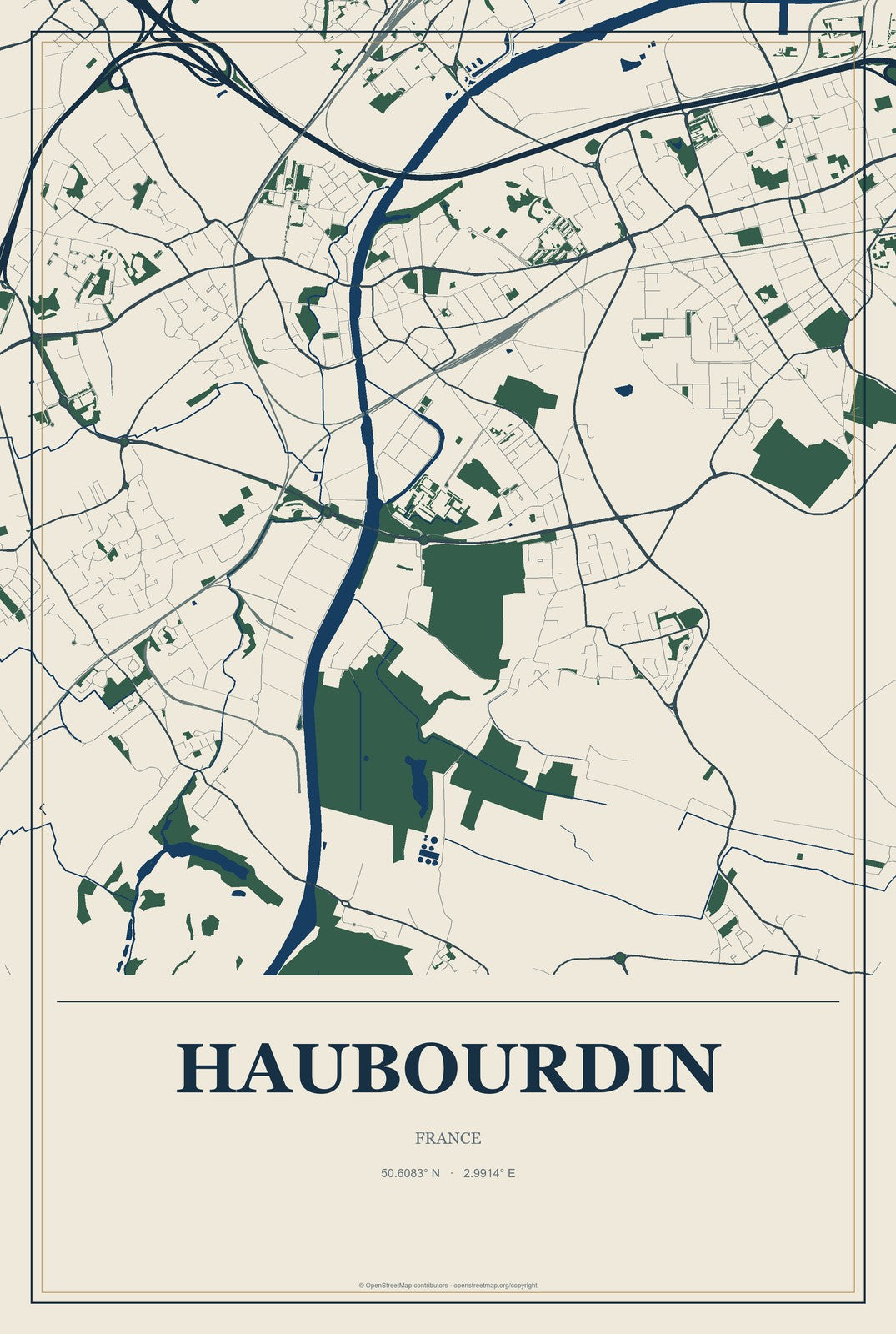 Haubourdin, France City Map Aluminum Sign in Coastal Cutout style