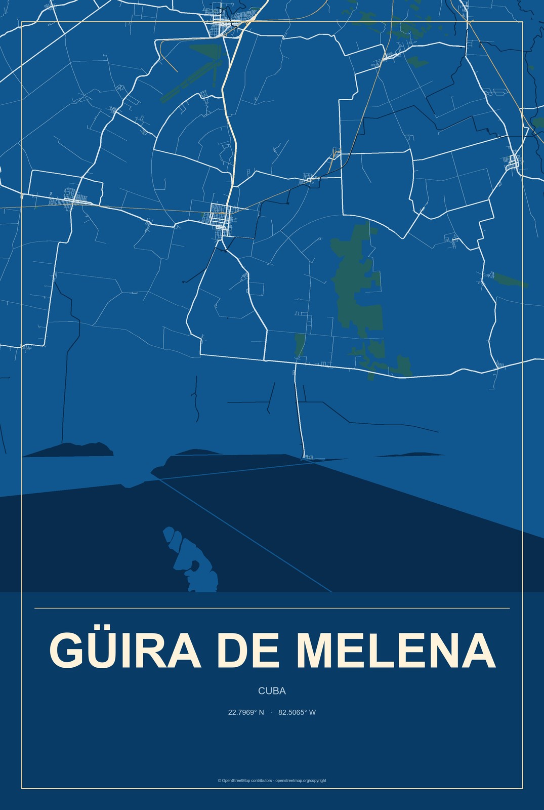 Güira de Melena, Cuba City Map Aluminum Sign in Harbor Cobalt style