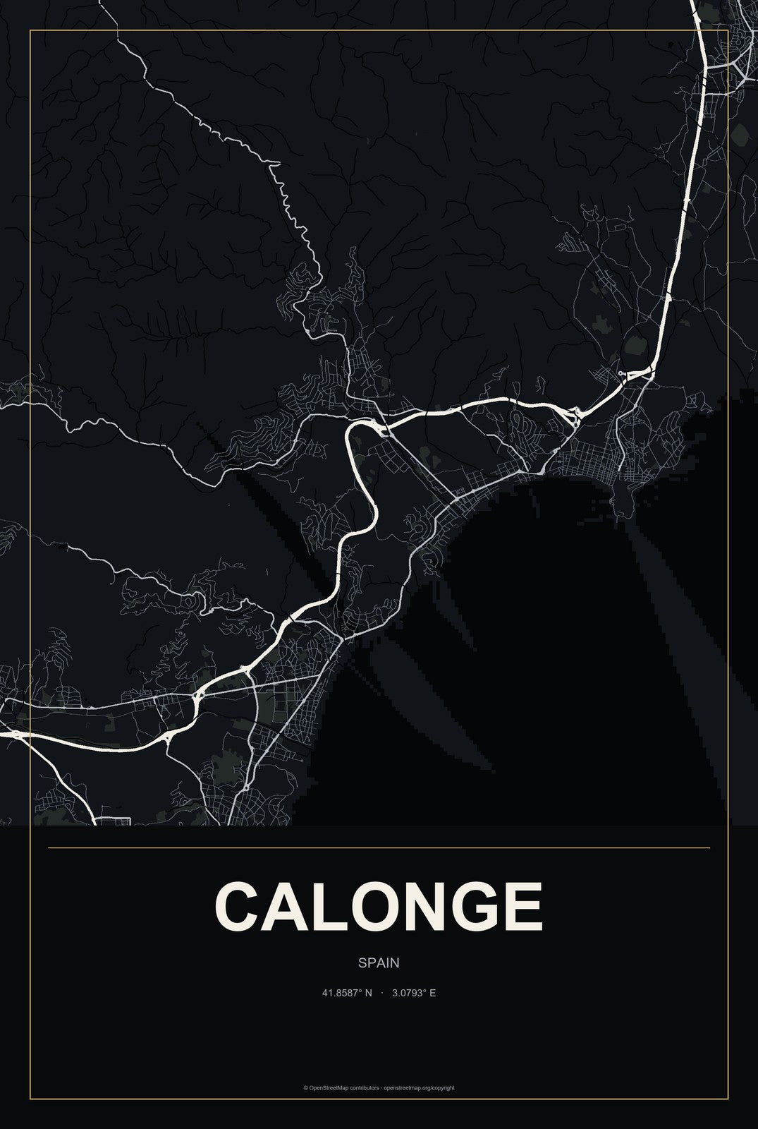 Calonge, Spain City Map Aluminum Sign in Metropolitan Noir style