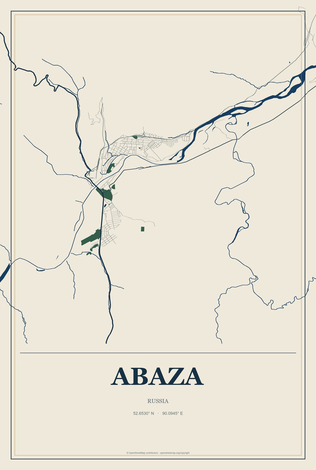 Abaza, Russia City Map Aluminum Sign in Coastal Cutout style