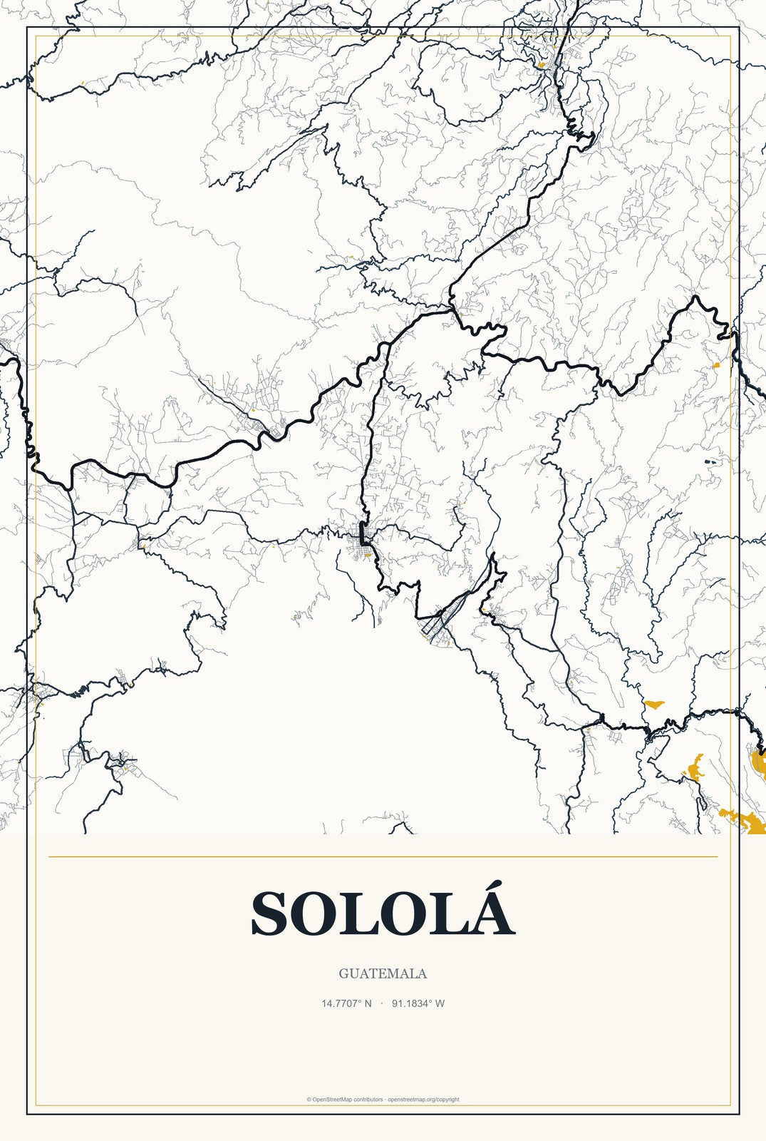 Sololá, Guatemala City Map Aluminum Sign in Citrine Modern style