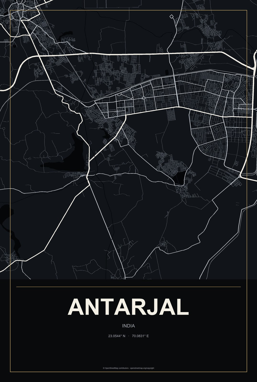 Antarjal, India City Map Aluminum Sign in Metropolitan Noir style