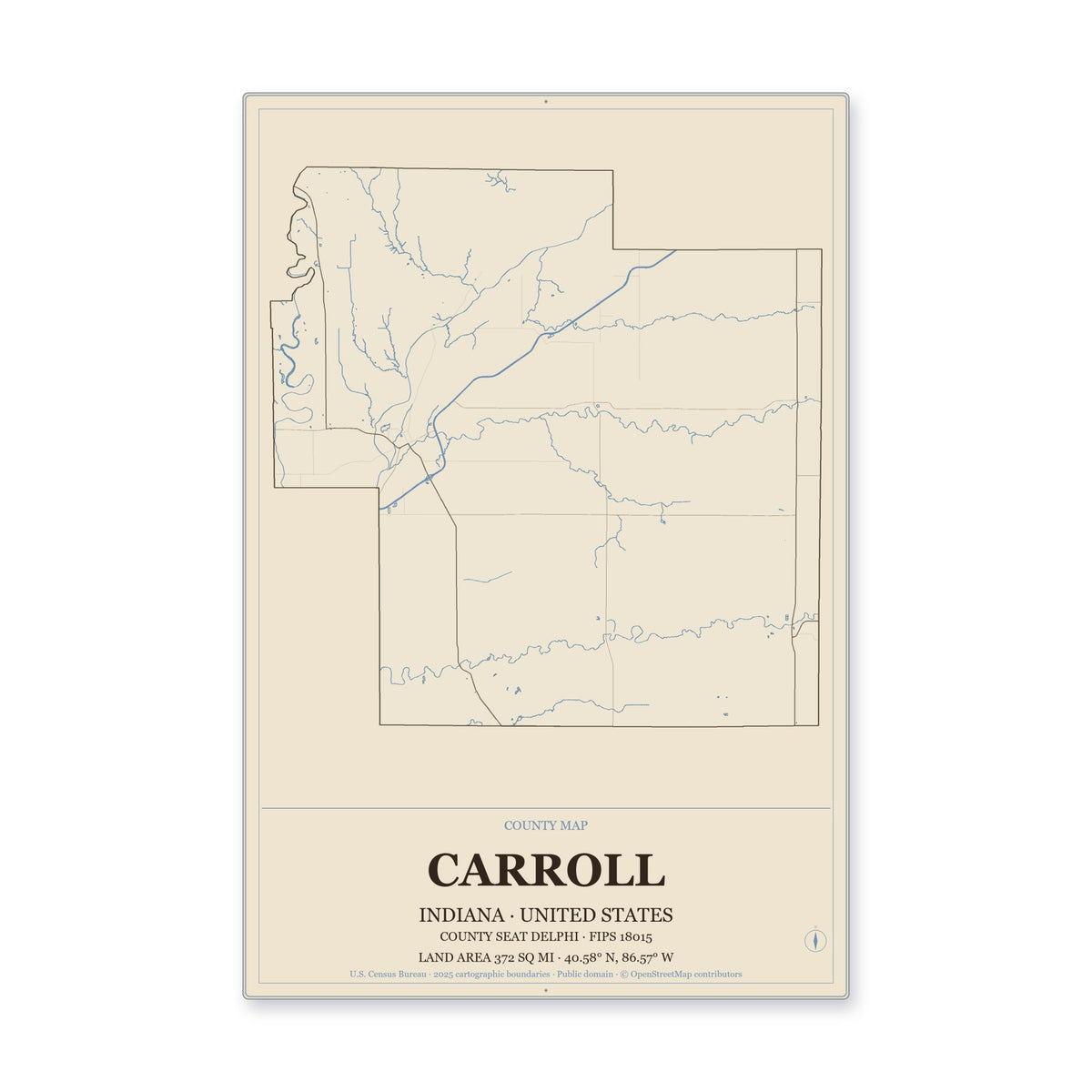 Carroll County, Indiana Map Aluminum Sign in Heritage Nautical style