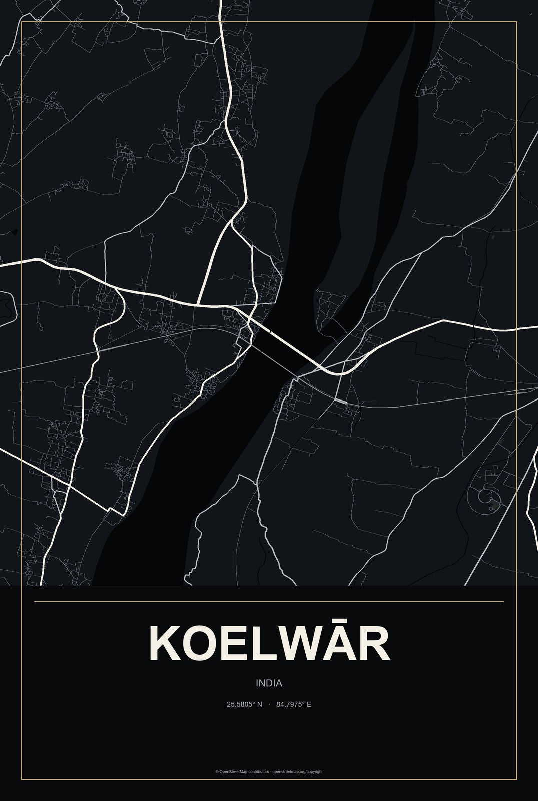 Koelwār, India City Map Aluminum Sign in Metropolitan Noir style