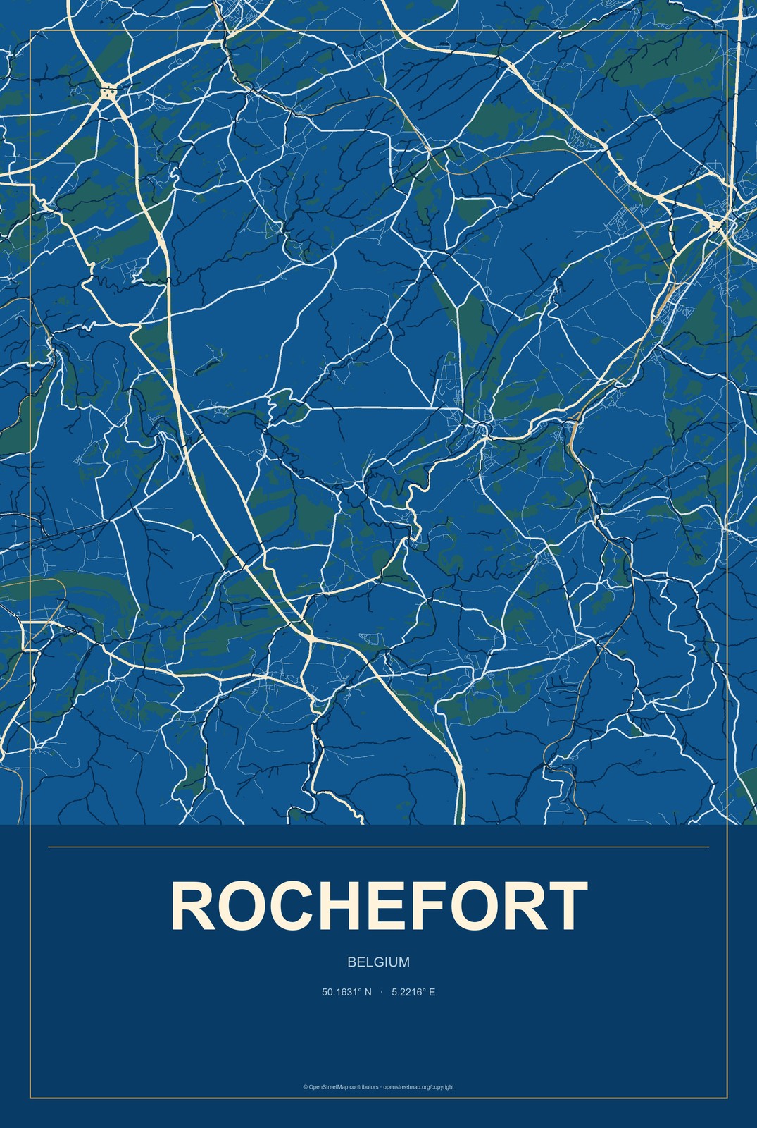 Rochefort, Belgium City Map Aluminum Sign in Harbor Cobalt style