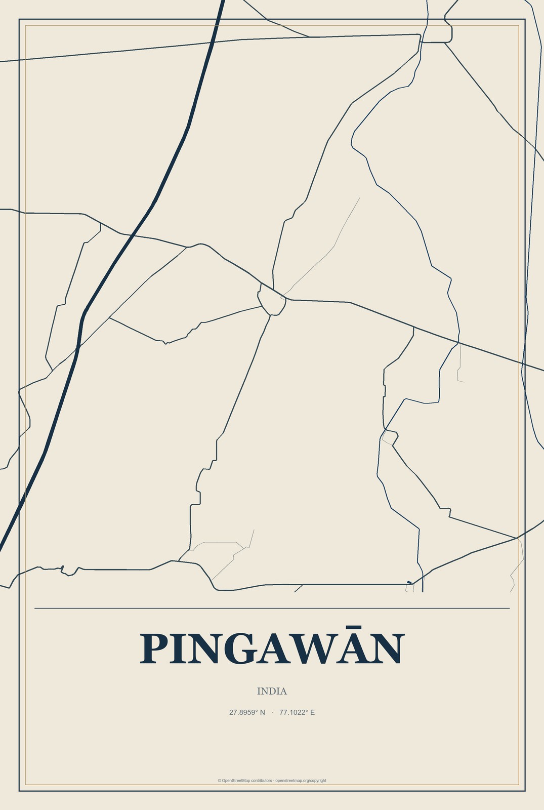 Pingawān, India City Map Aluminum Sign in Coastal Cutout style