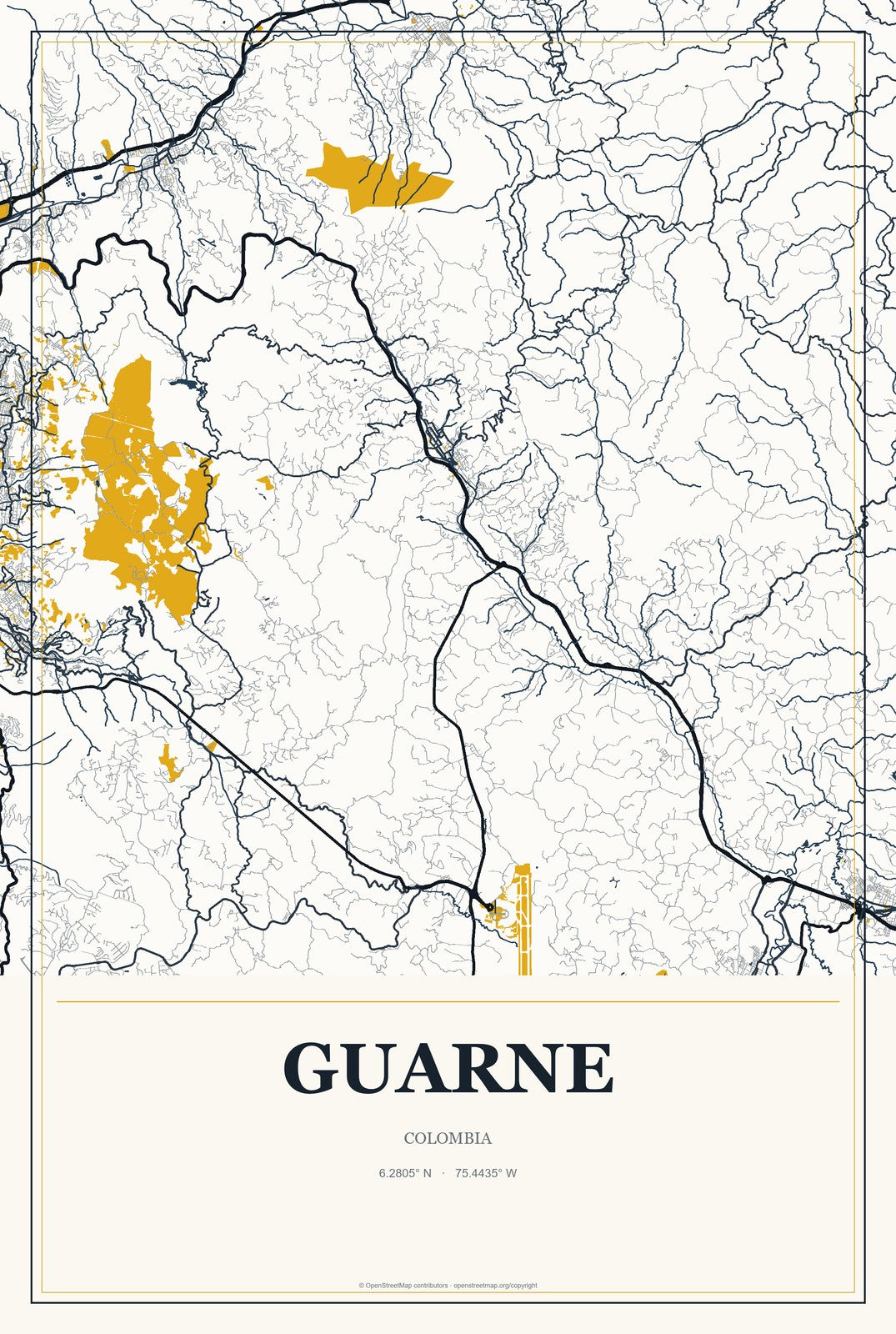 Guarne, Colombia City Map Aluminum Sign in Citrine Modern style
