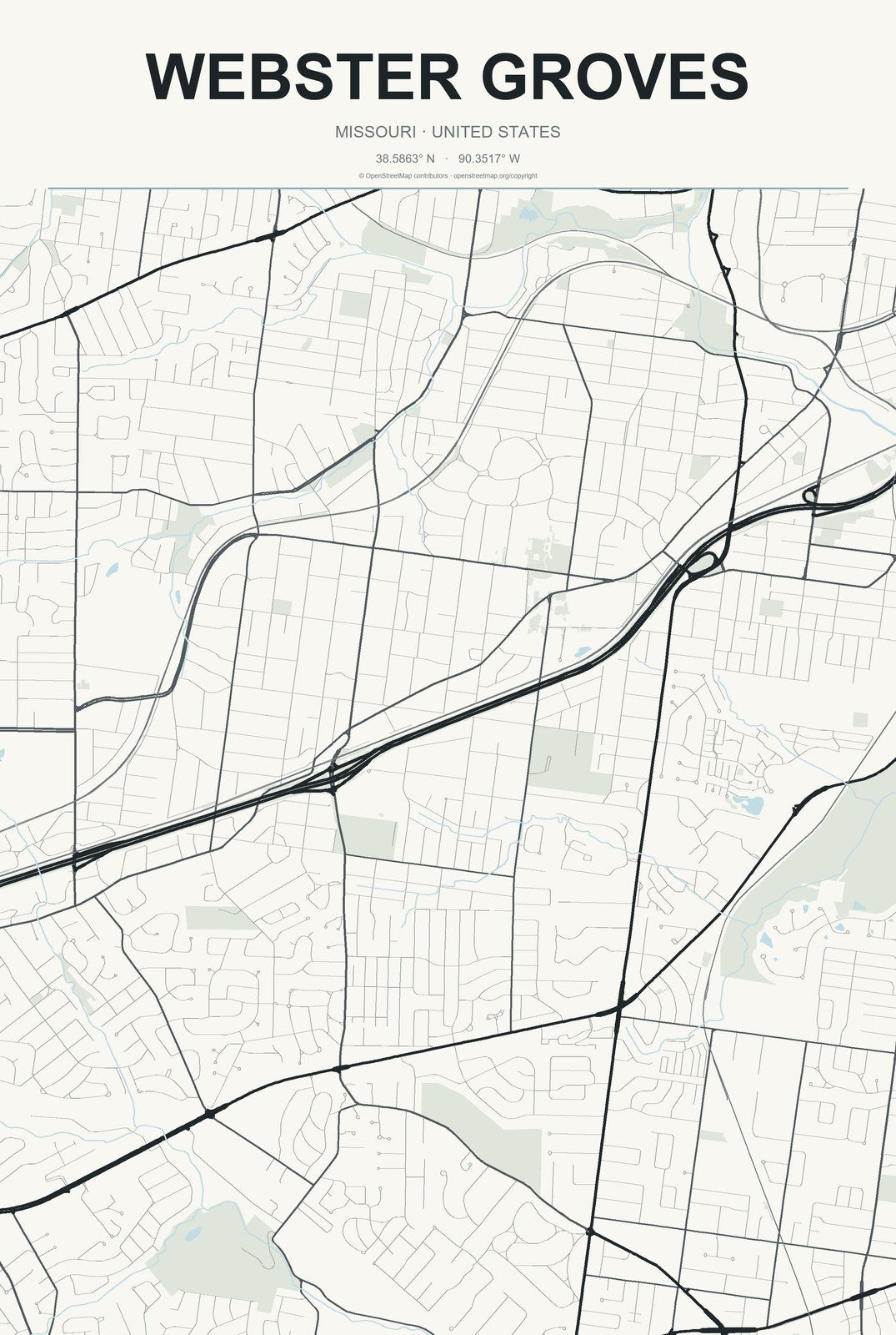 Webster Groves, Missouri City Map Aluminum Sign in Headline Atlas style