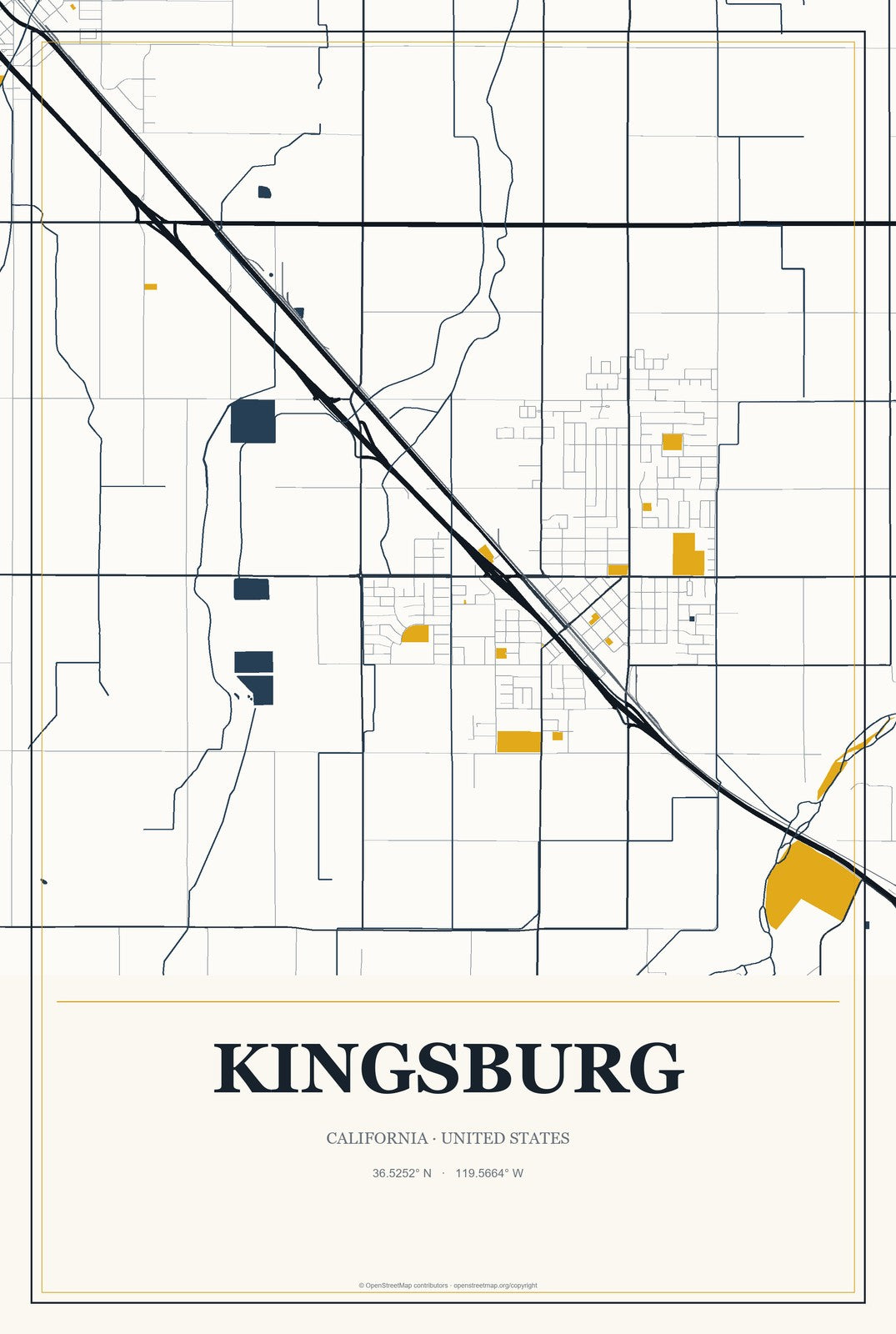 Kingsburg, California City Map Aluminum Sign in Citrine Modern style