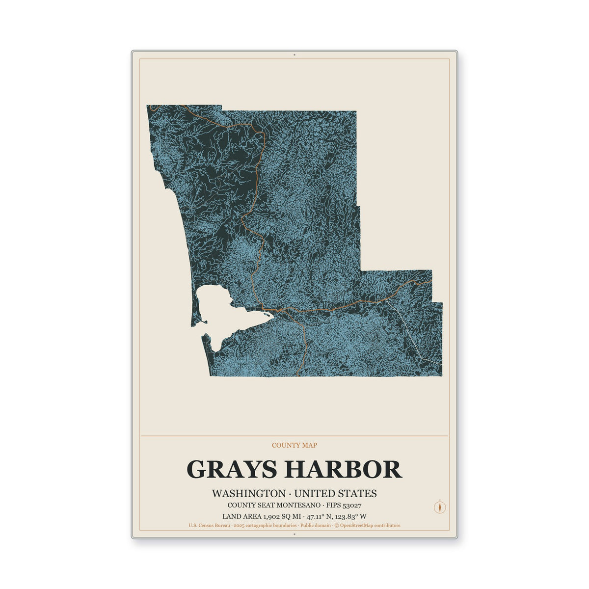 Grays Harbor County, Washington Map Aluminum Sign in Headline Atlas style