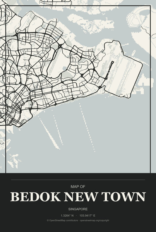 Bedok New Town, Singapore City Map Aluminum Sign in Museum Plaque style