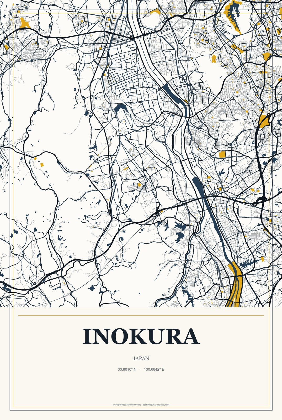 Inokura, Japan City Map Aluminum Sign in Citrine Modern style