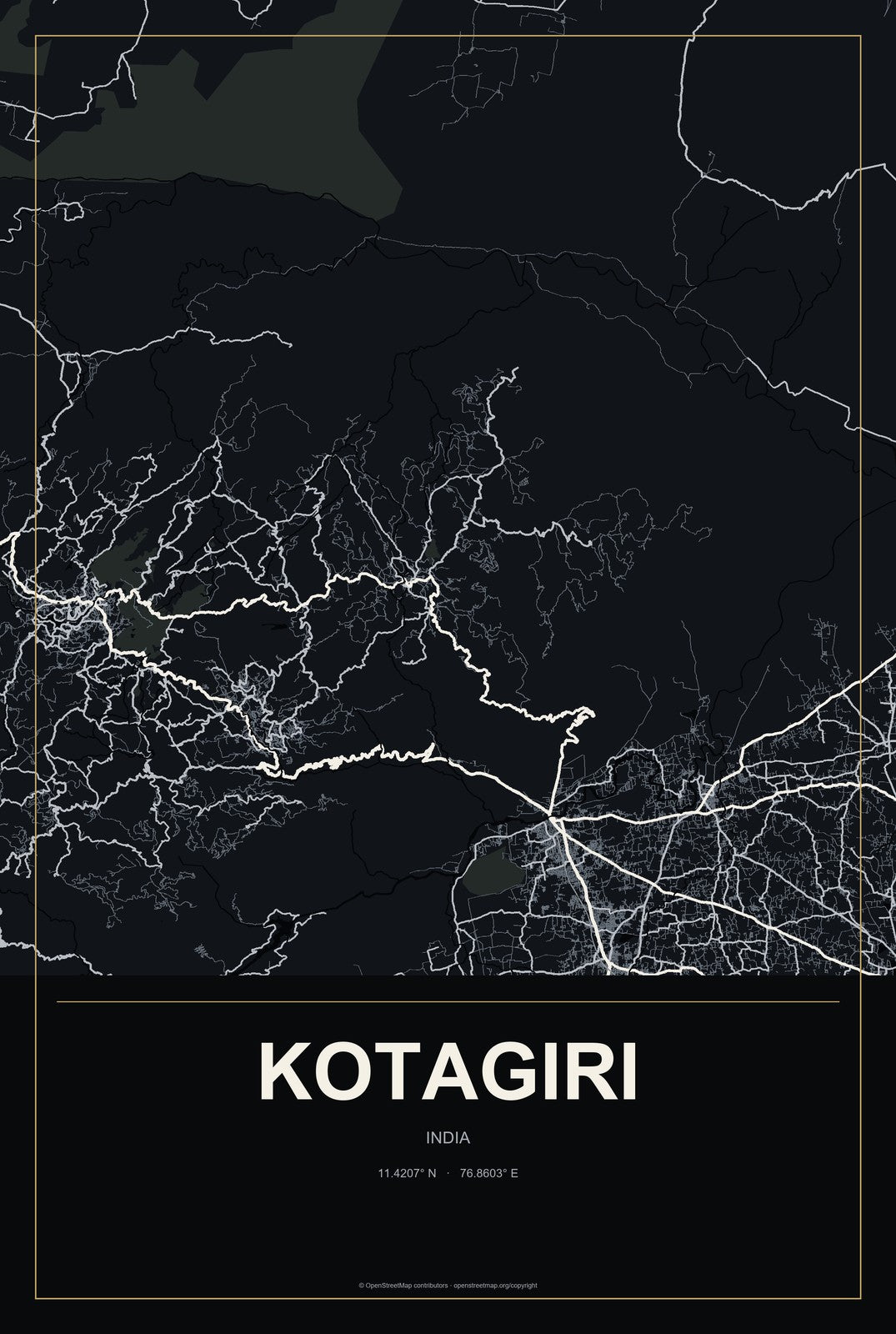 Kotagiri, India City Map Aluminum Sign in Metropolitan Noir style