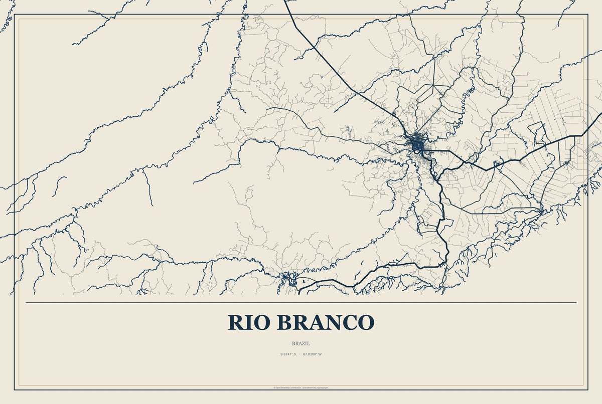Rio Branco, Brazil City Map Aluminum Sign in Coastal Cutout style