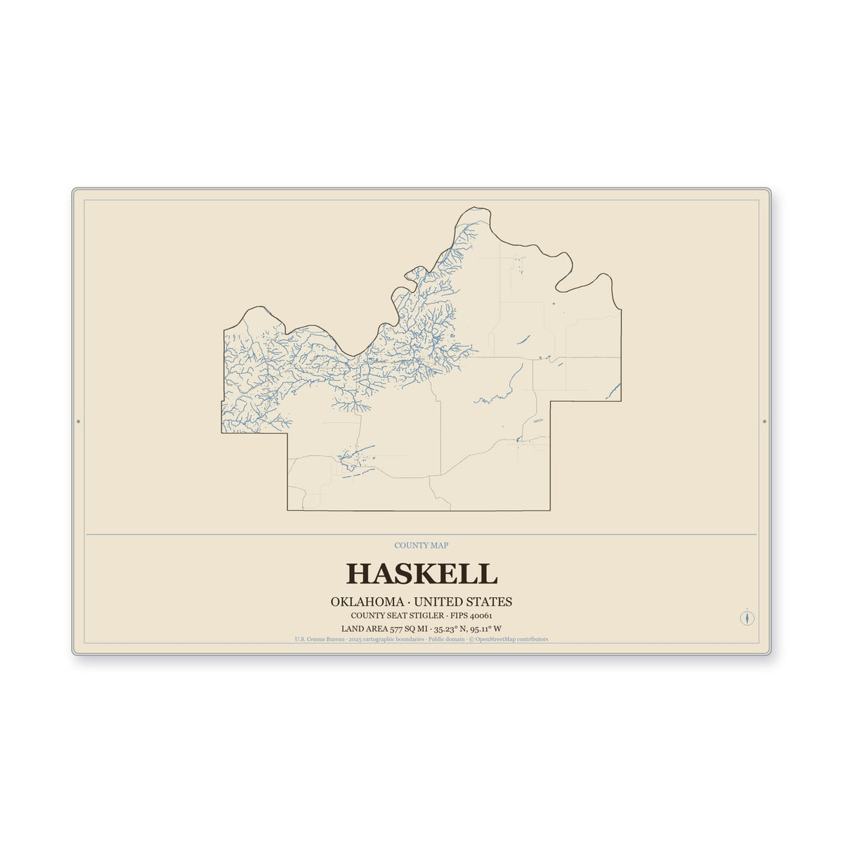 Haskell County, Oklahoma Map Aluminum Sign in Heritage Nautical style