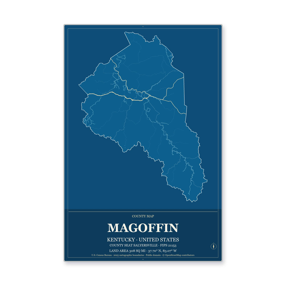 Magoffin County, Kentucky Map Aluminum Sign in Harbor Cobalt style