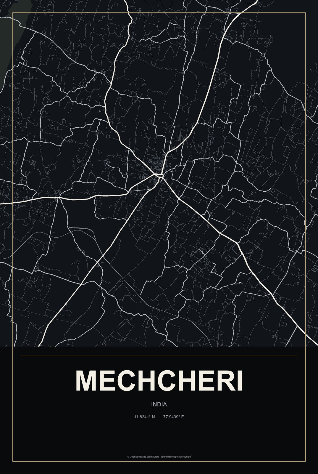 Mechcheri, India City Map Aluminum Sign in Metropolitan Noir style