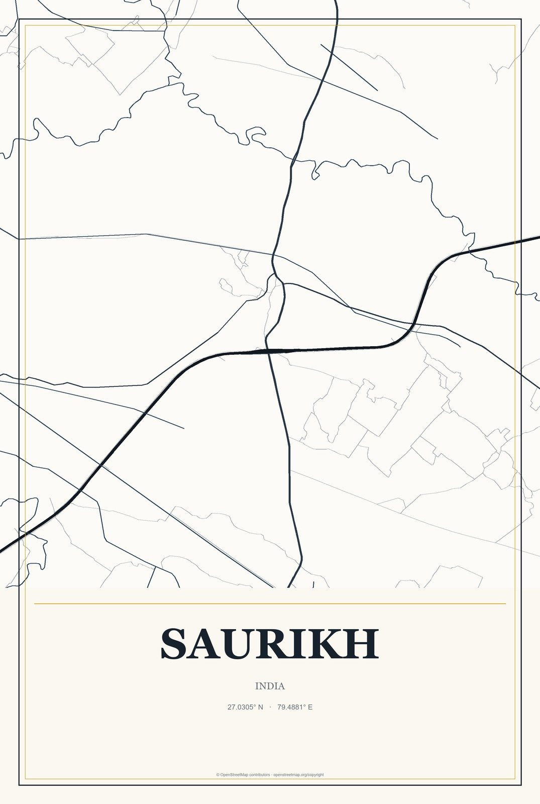 Saurikh, India City Map Aluminum Sign in Citrine Modern style