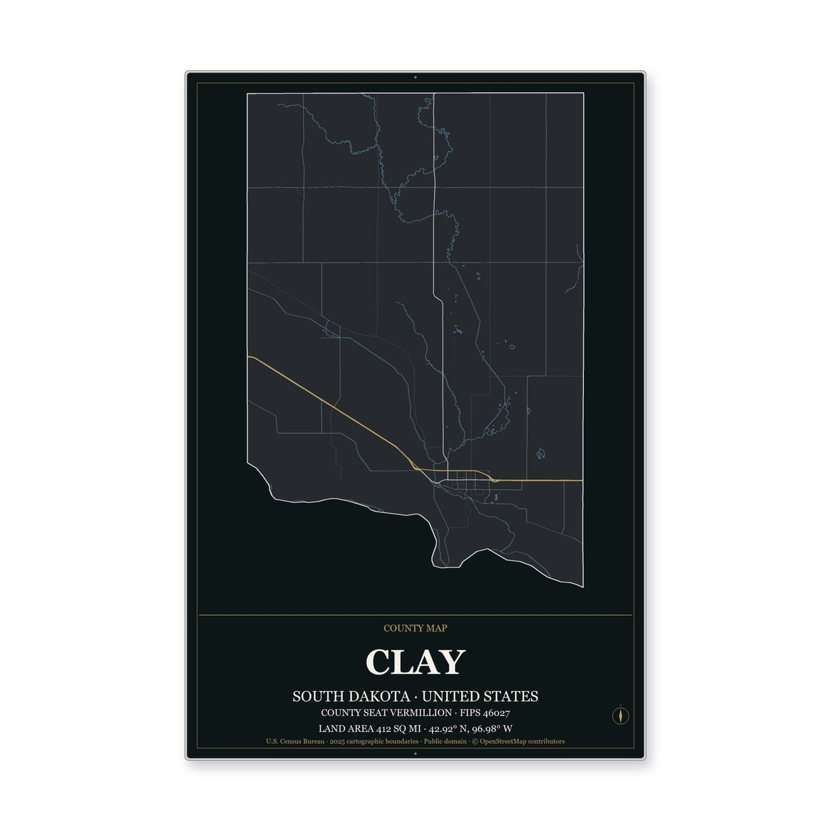 Clay County, South Dakota Map Aluminum Sign in Metropolitan Noir style