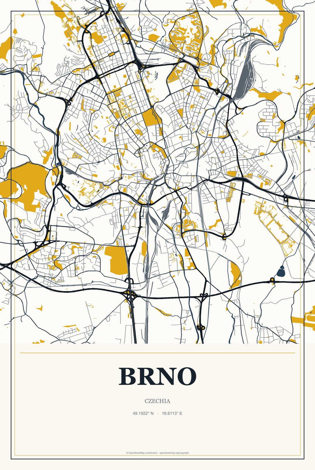 Brno, Czechia City Map Aluminum Sign in Citrine Modern style