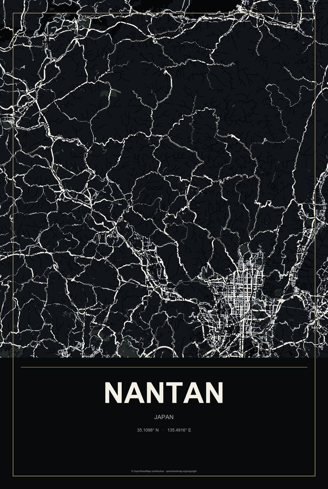 Nantan, Japan City Map Aluminum Sign in Metropolitan Noir style