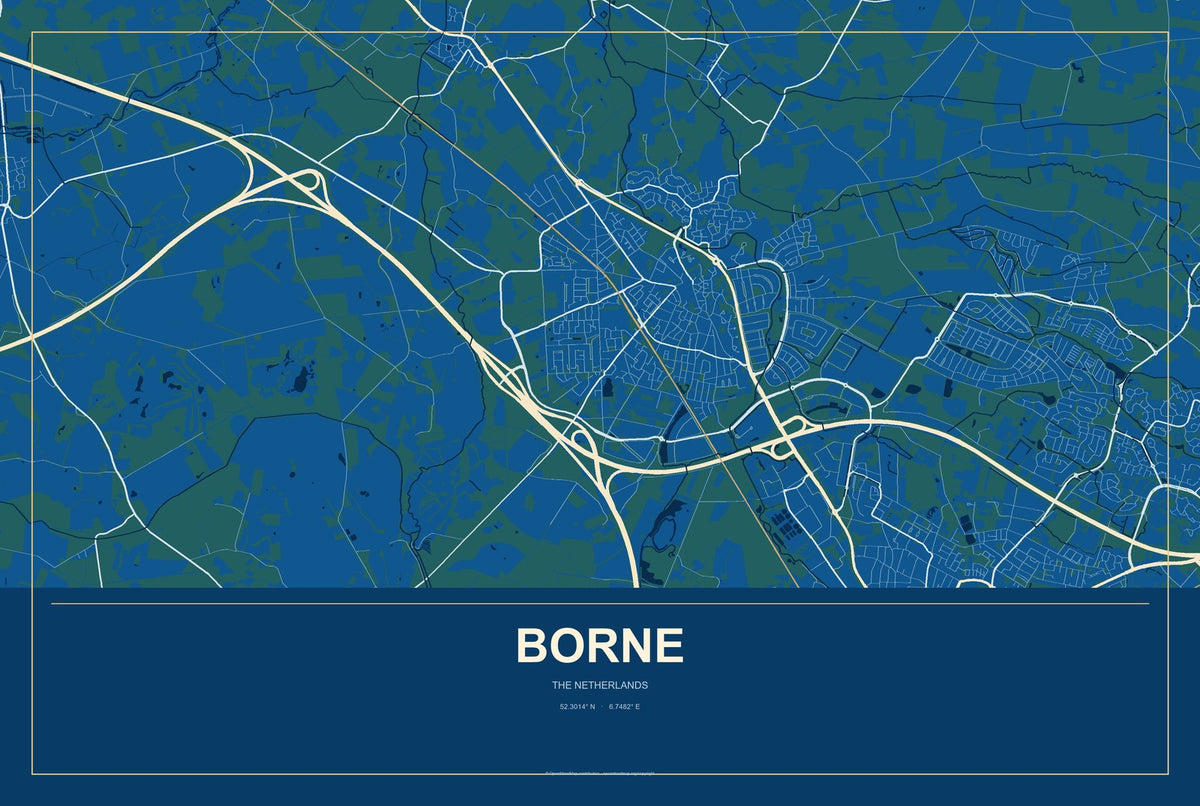 Borne, The Netherlands City Map Aluminum Sign in Harbor Cobalt style
