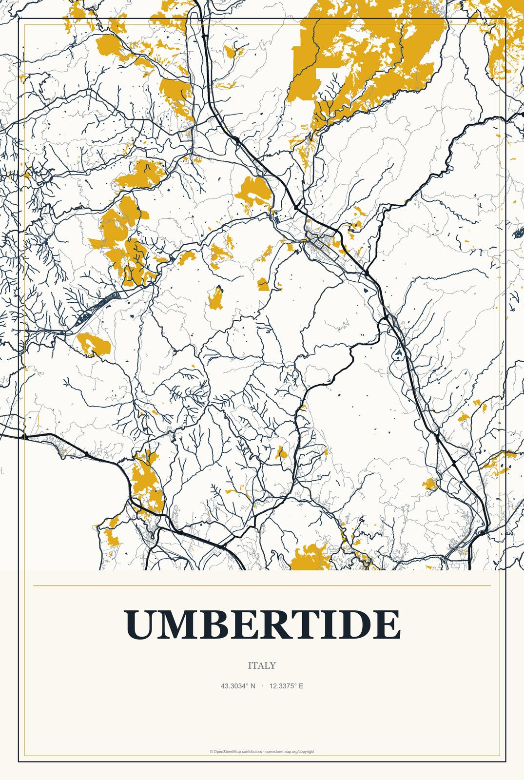 Umbertide, Italy City Map Aluminum Sign in Citrine Modern style