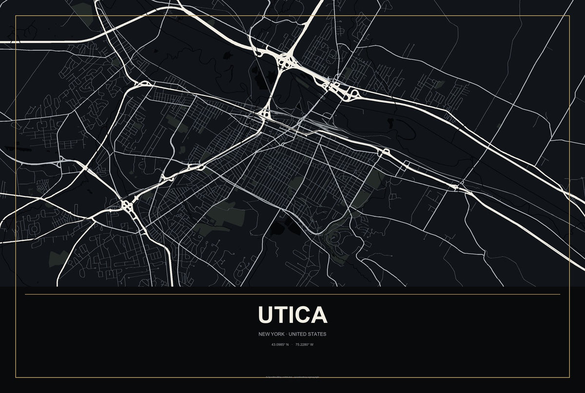 Utica, New York City Map Aluminum Sign in Metropolitan Noir style