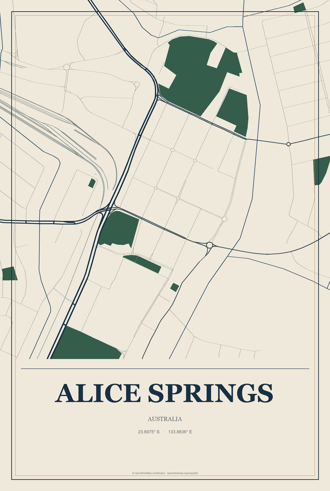Alice Springs, Australia City Map Aluminum Sign in Coastal Cutout style