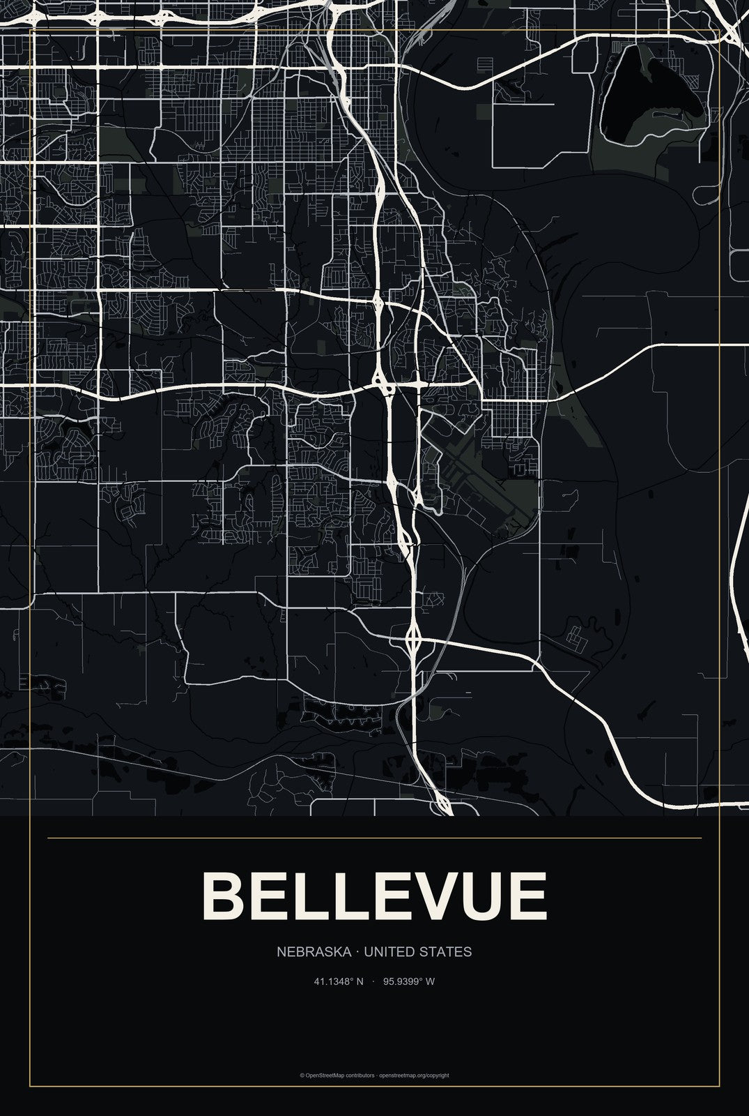 Bellevue, Nebraska City Map Aluminum Sign in Metropolitan Noir style