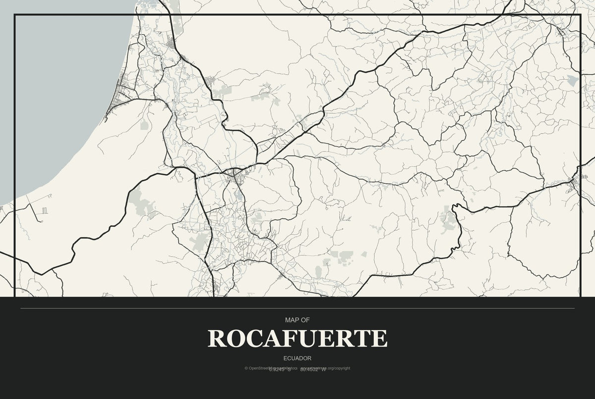 Rocafuerte, Ecuador City Map Aluminum Sign in Museum Plaque style
