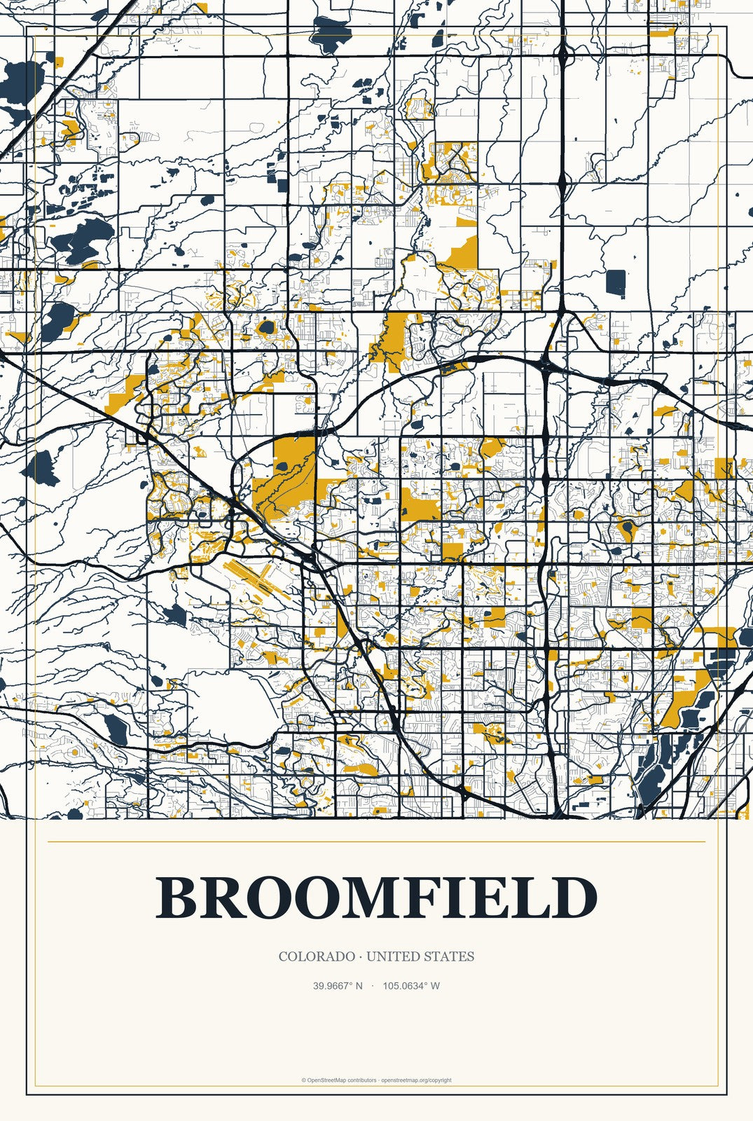 Broomfield, Colorado City Map Aluminum Sign in Citrine Modern style