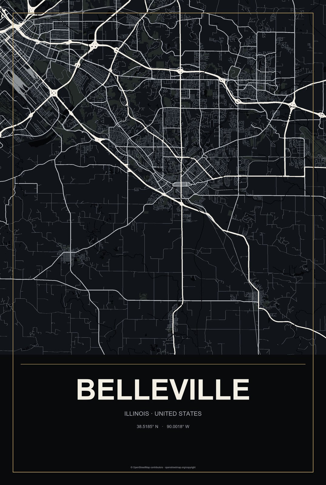 Belleville, Illinois City Map Aluminum Sign in Metropolitan Noir style