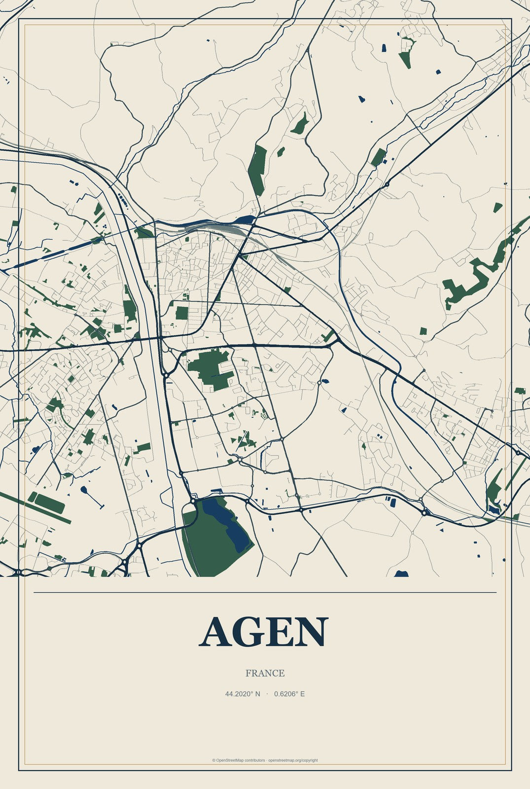 Agen, France City Map Aluminum Sign in Coastal Cutout style