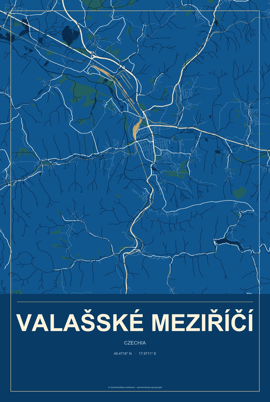 Valašské Meziříčí, Czechia City Map Aluminum Sign in Harbor Cobalt style