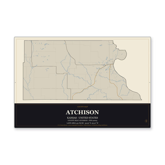 Atchison County, Kansas Map Aluminum Sign in Museum Plaque style
