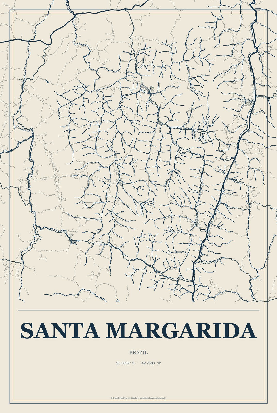 Santa Margarida, Brazil City Map Aluminum Sign in Coastal Cutout style