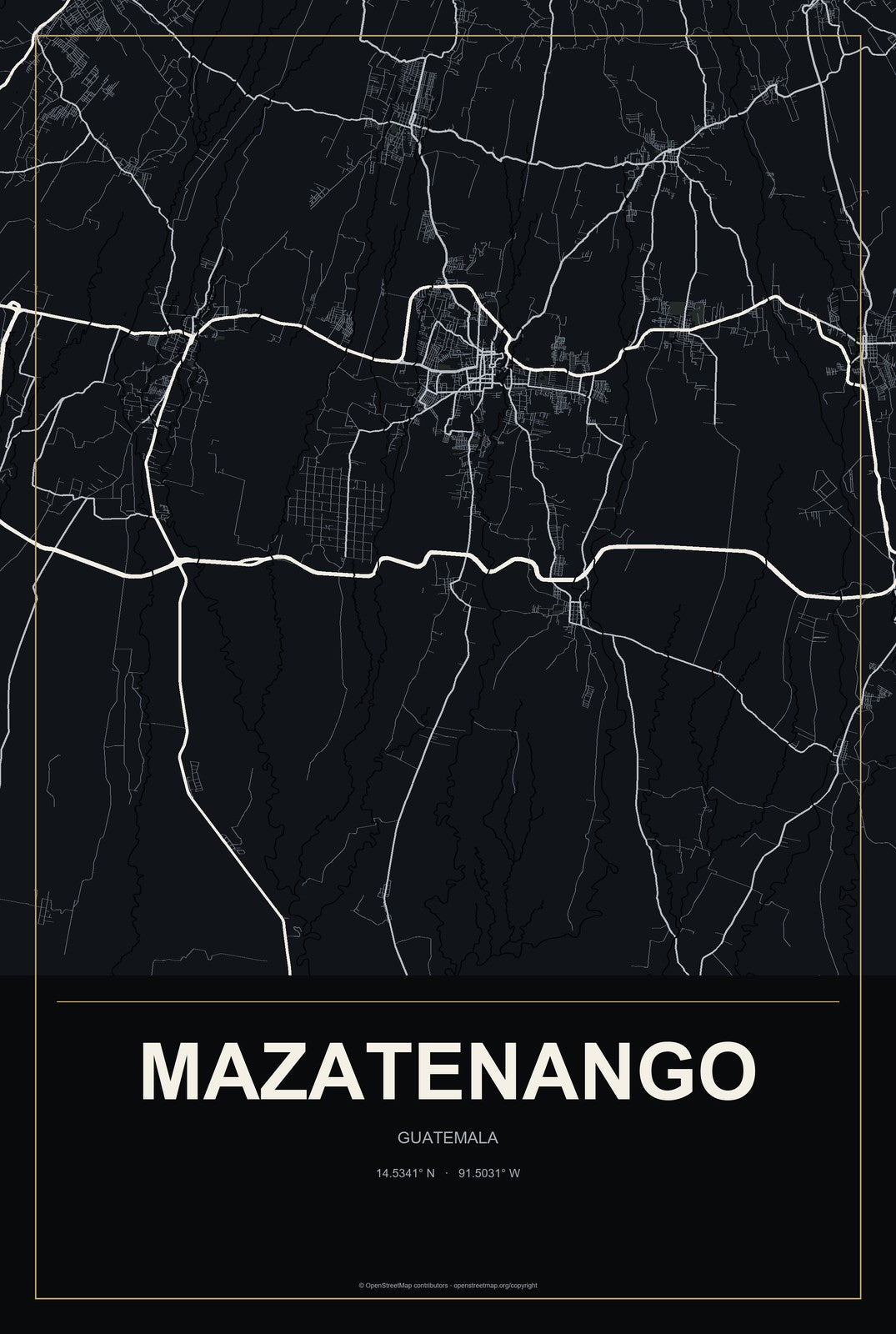 Mazatenango, Guatemala City Map Aluminum Sign in Metropolitan Noir style