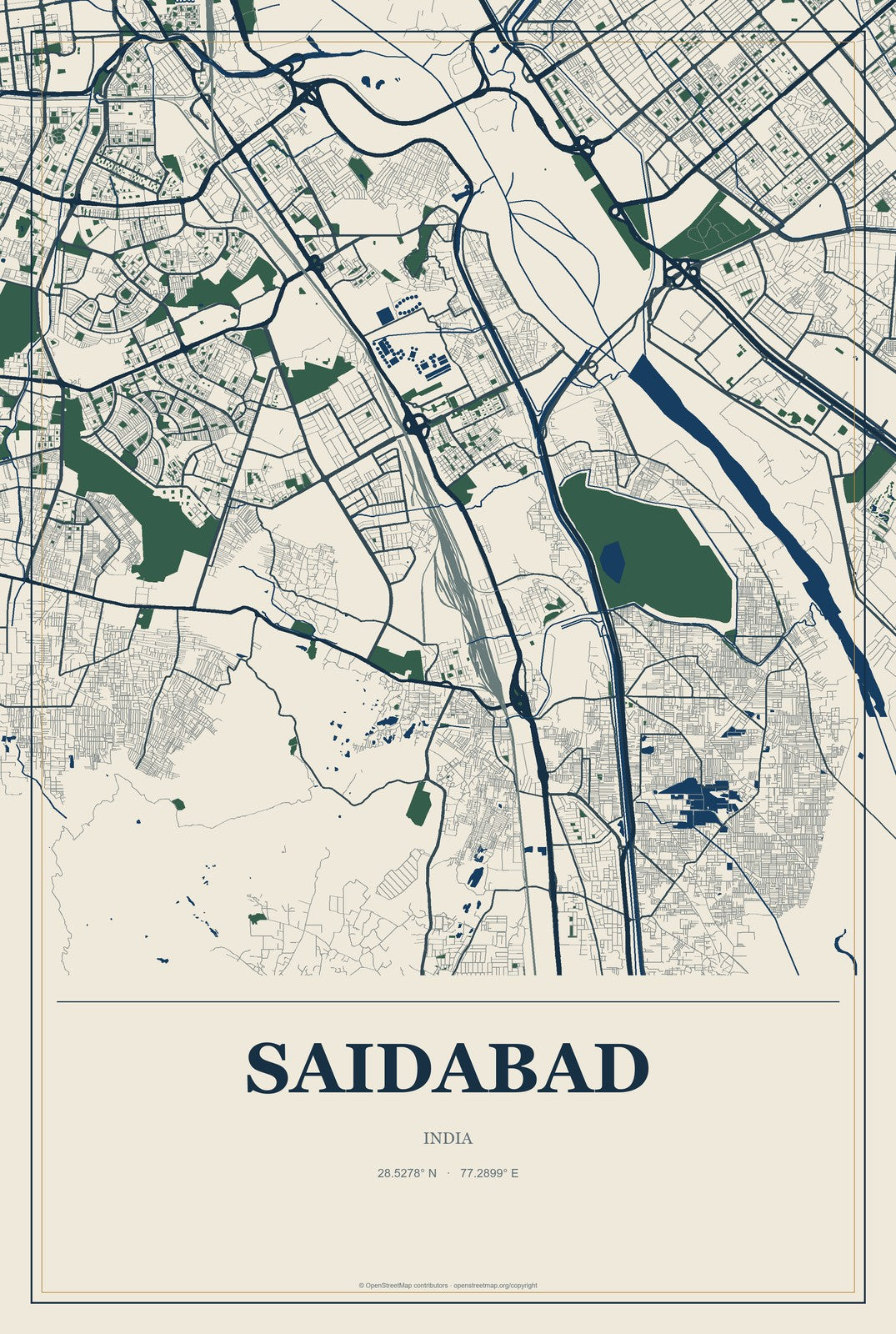 Saidabad, India City Map Aluminum Sign in Coastal Cutout style
