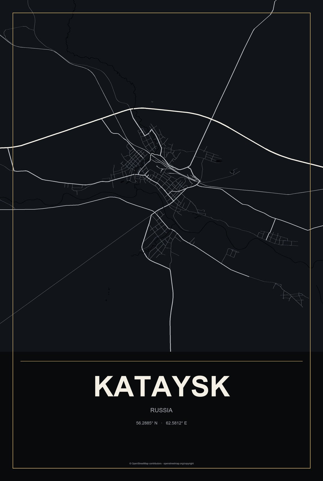 Kataysk, Russia City Map Aluminum Sign in Metropolitan Noir style