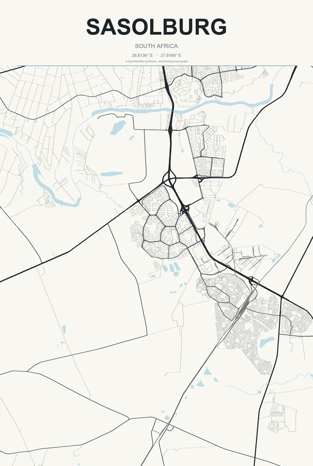 Sasolburg, South Africa City Map Aluminum Sign in Headline Atlas style