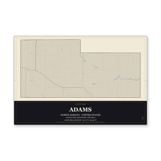 Adams County, North Dakota Map Aluminum Sign in Museum Plaque style
