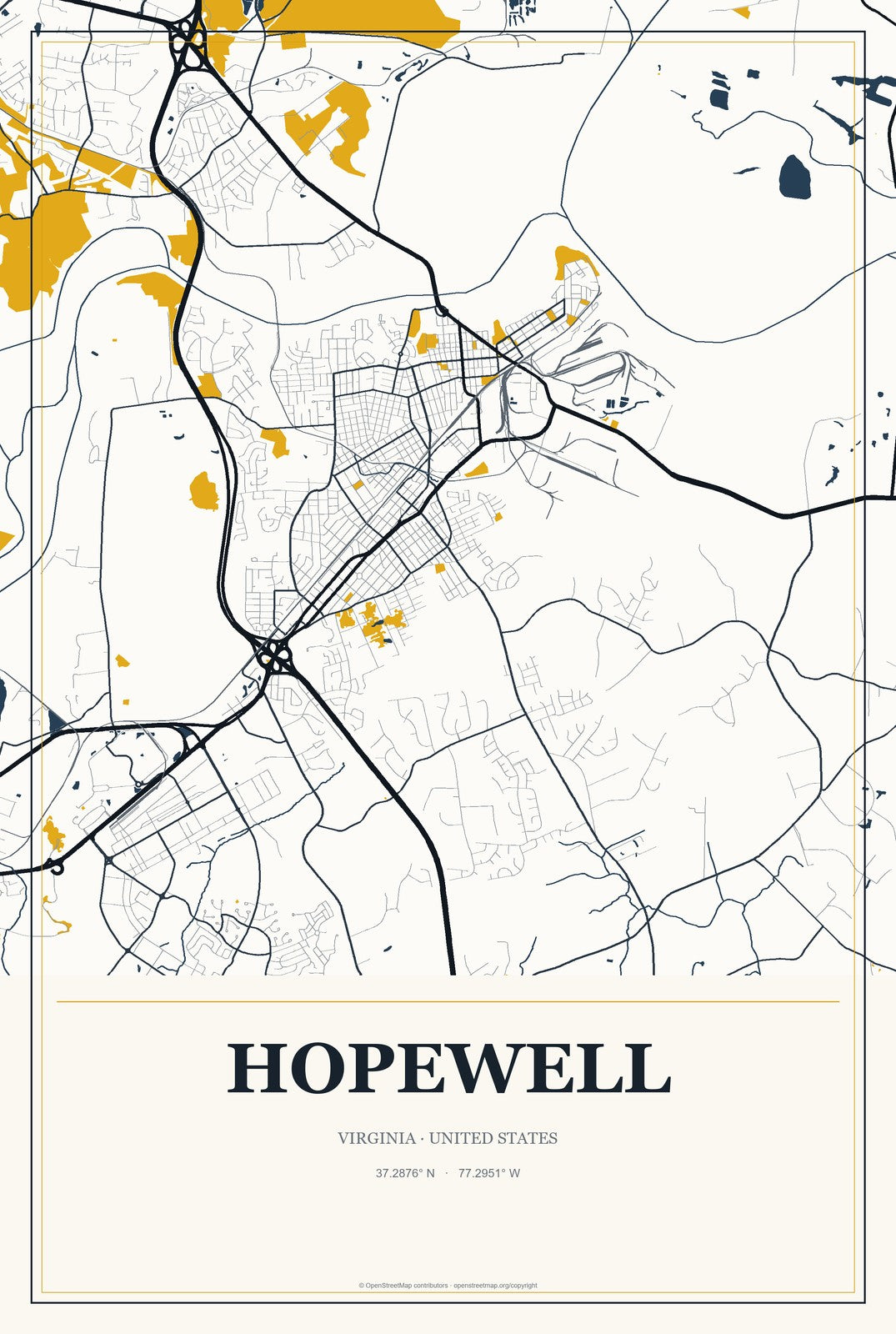 Hopewell, Virginia City Map Aluminum Sign in Citrine Modern style
