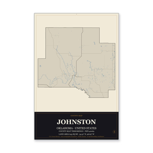 Johnston County, Oklahoma Map Aluminum Sign in Museum Plaque style
