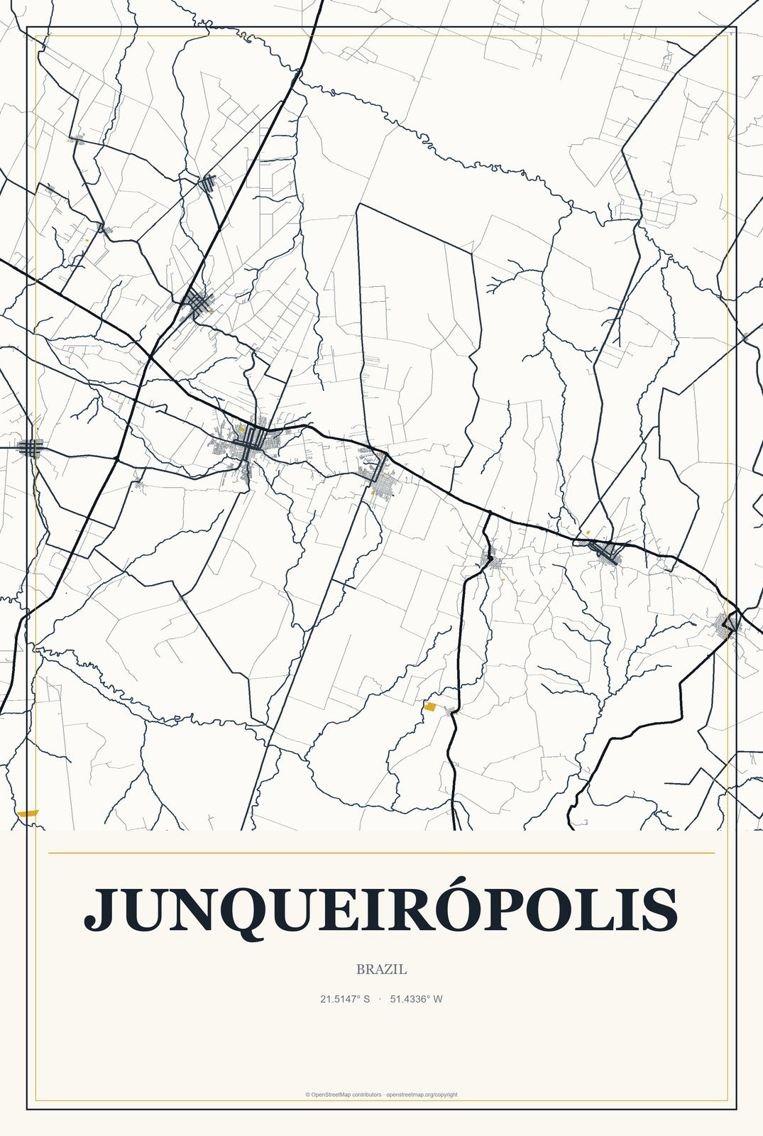 Junqueirópolis, Brazil City Map Aluminum Sign in Citrine Modern style