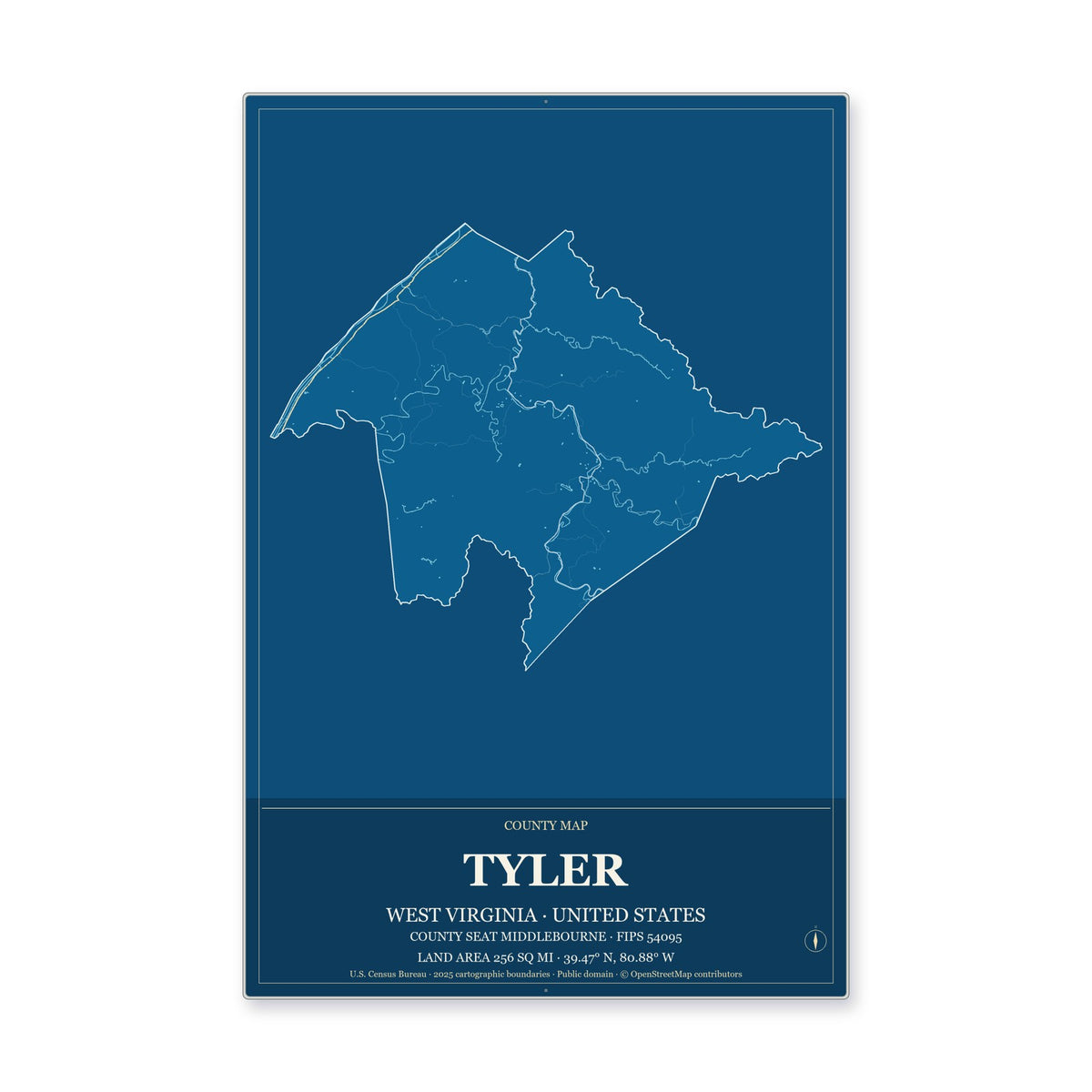 Tyler County, West Virginia Map Aluminum Sign in Harbor Cobalt style