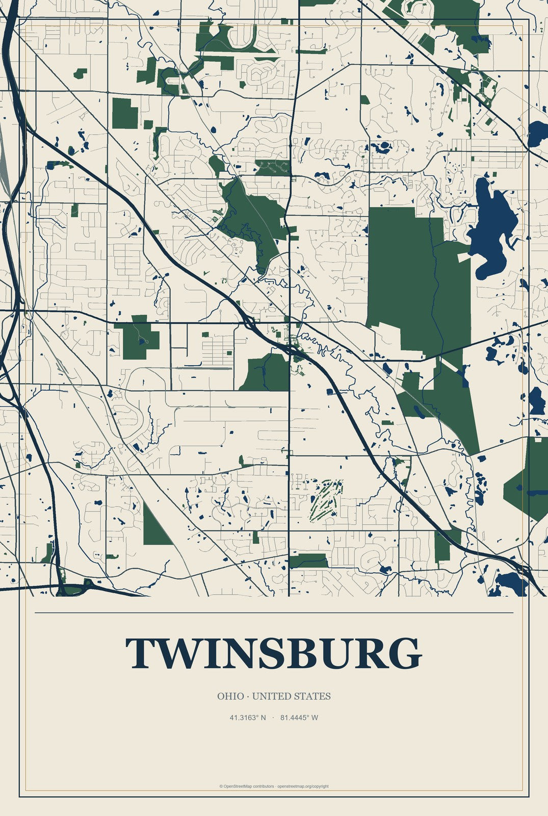 Twinsburg, Ohio City Map Aluminum Sign in Coastal Cutout style