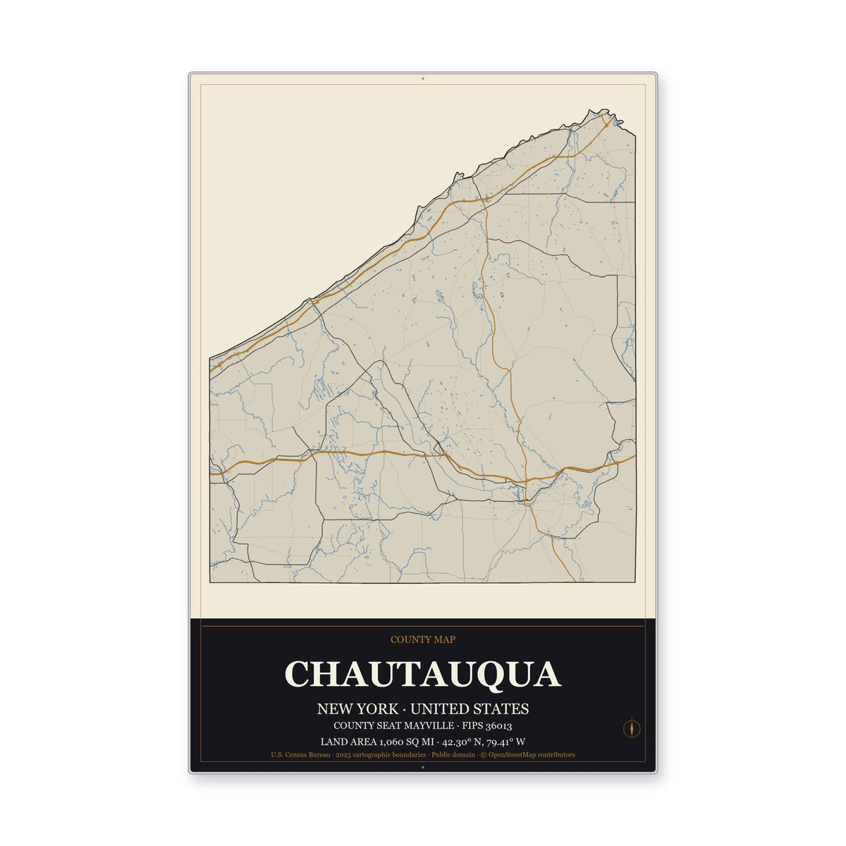 Chautauqua County, New York Map Aluminum Sign in Museum Plaque style
