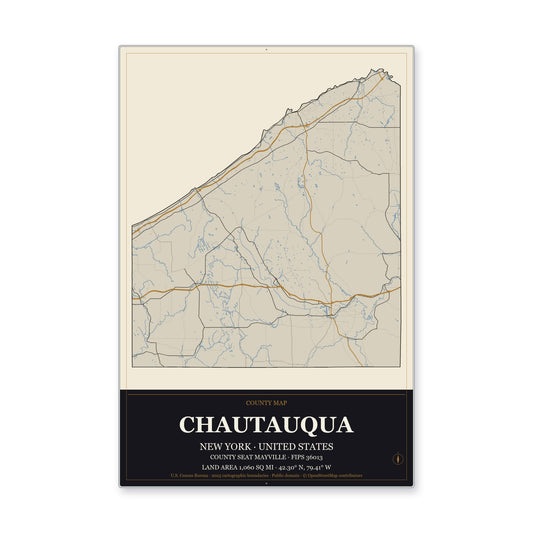 Chautauqua County, New York Map Aluminum Sign in Museum Plaque style